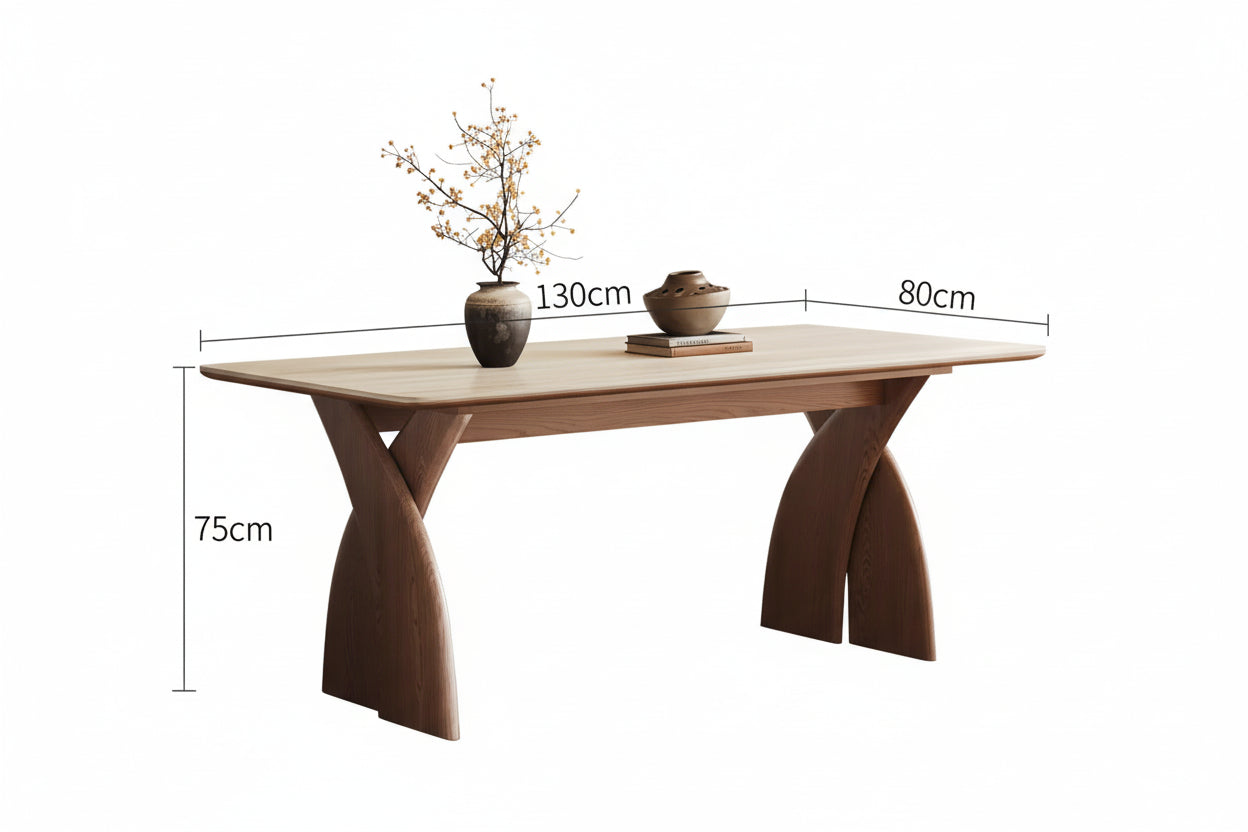 Wooden dining table with dimensions labeled on a white background