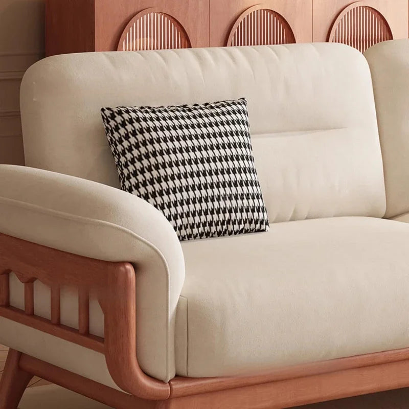 French Retro Solid Wood Sofa With Plush Upholstered Fabric – Cream White 155cm