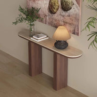 Mid-Century Japandi Console Table | Travertine Stone Slab Tabletop & Black Walnut Veneer Base
