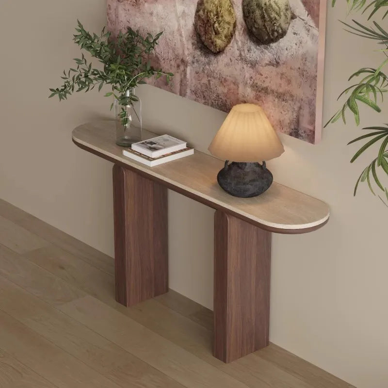 Mid-Century Japandi Console Table | Travertine Stone Slab Tabletop & Black Walnut Veneer Base