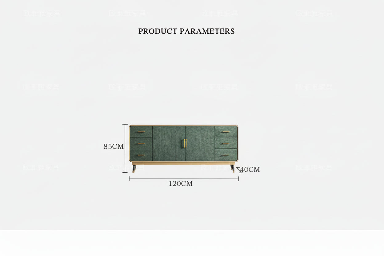 Dimensions of a green cabinet with gold accents on a white background