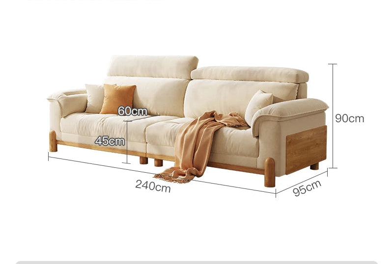 Beige sofa with dimensions labeled on a white background