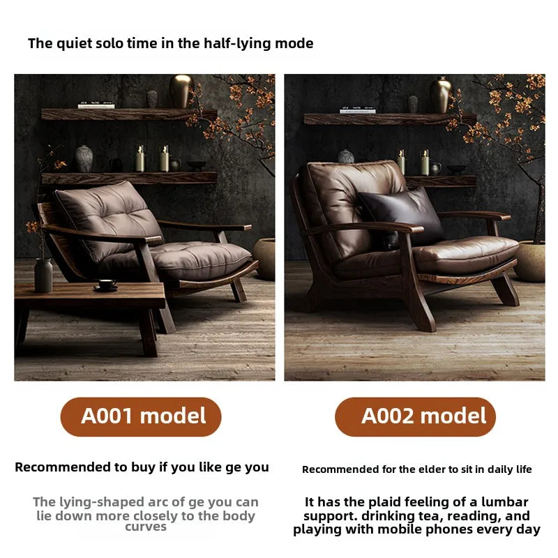 Two brown leather armchairs, A001 and A002, in a room setting with text describing their uses.