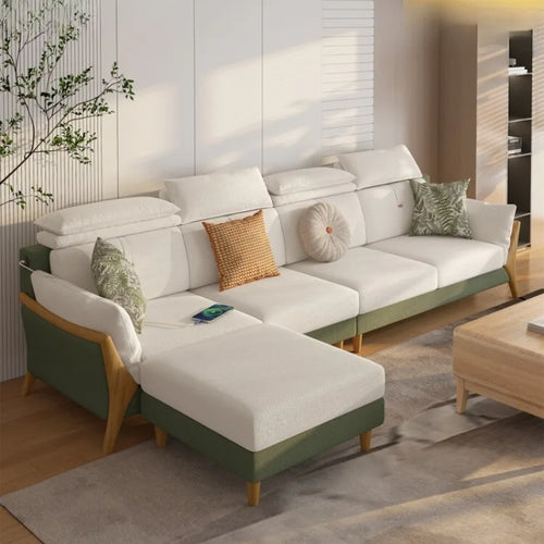 Scandinavian Solid Wood Modular Sofa with Adjustable Headrests & Chaise Lounge - 2 sizes