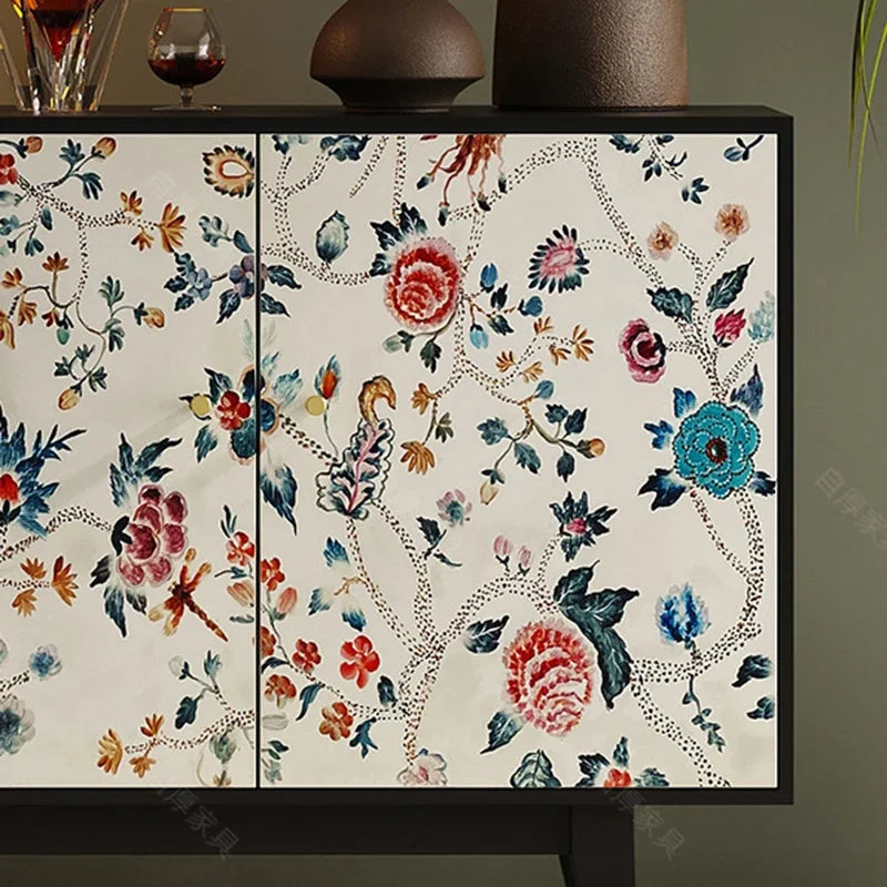 Luxury American-Style Sideboard in Black with Hand-Painted Floral Panels - 2 Sizes