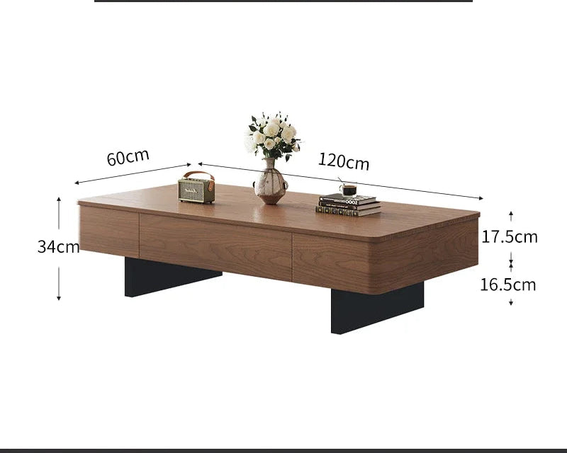 Wooden coffee table with dimensions labeled on a white background