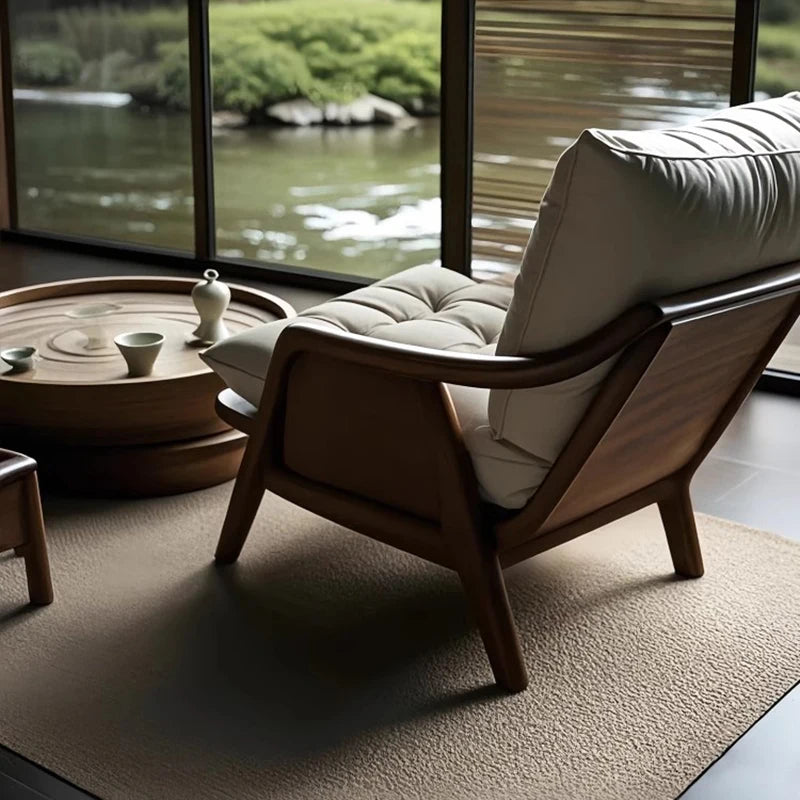 Minimalist Solid Walnut Accent Chair With Cushioned Faux Leather - Beige