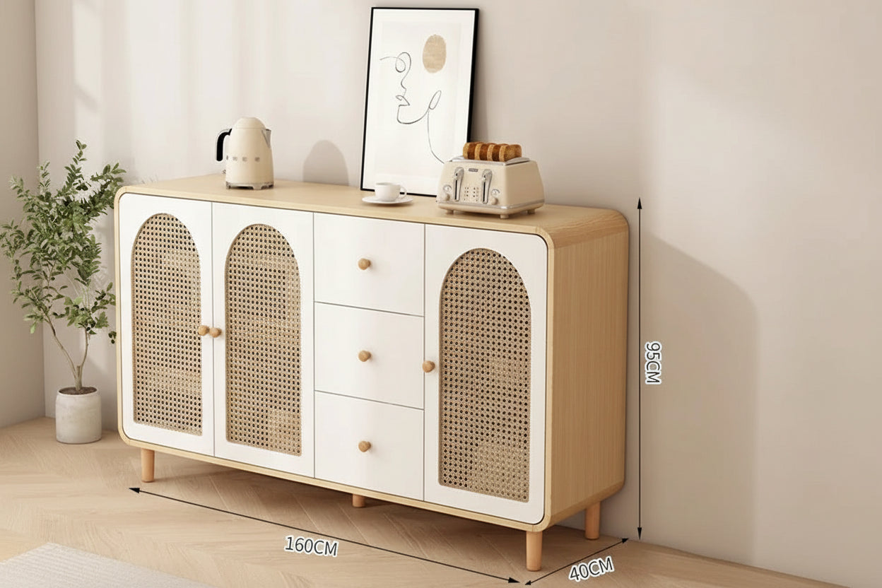 Wooden sideboard with wicker doors in a room setting