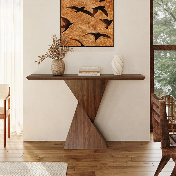 Architectural Z-Base Solid Wood Console Table in Smoked Oak Finish - 3 Sizes
