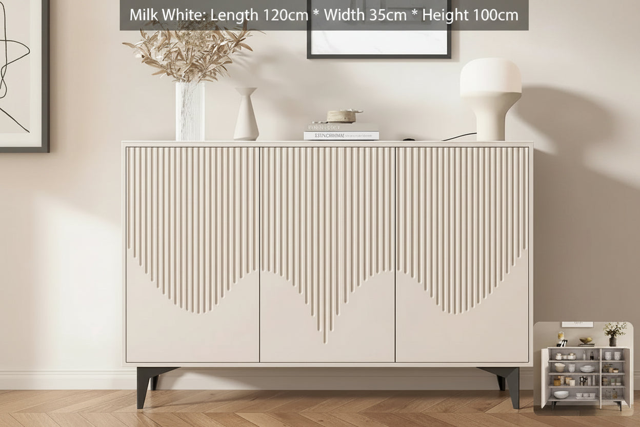 Cream Fluted Modern Minimalist Sideboard Buffet  With Sintered Stone Top - 3 Sizes