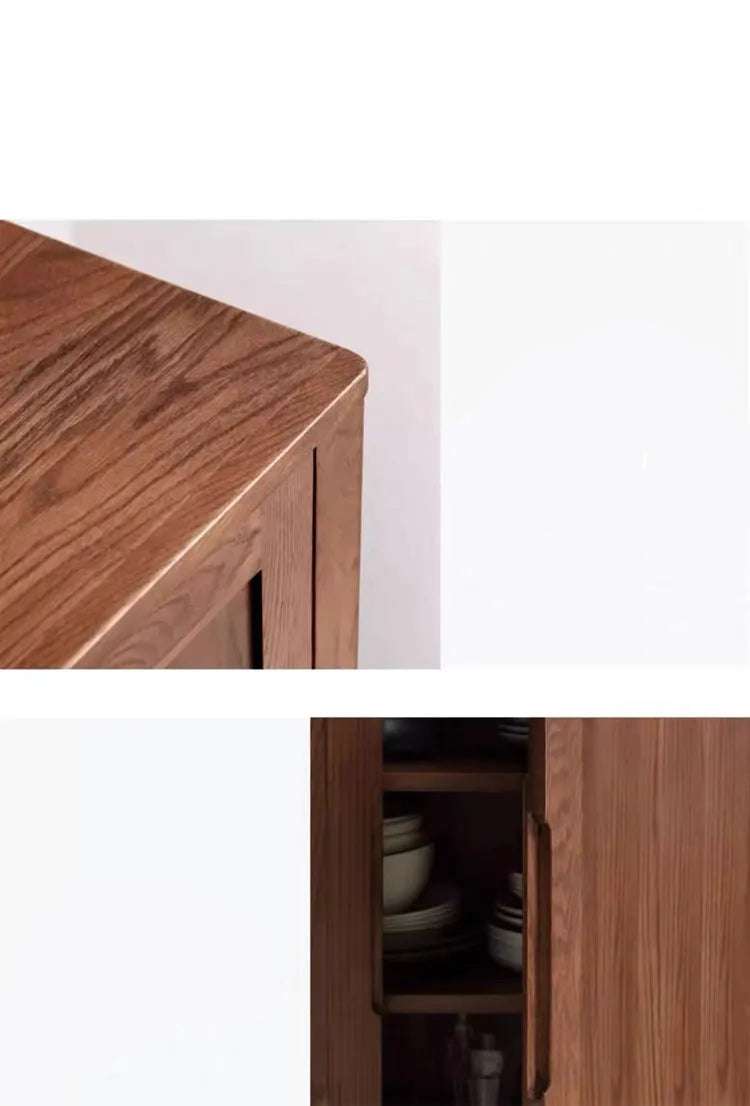 Wooden cabinet with rounded edges and a close-up of a cabinet door.