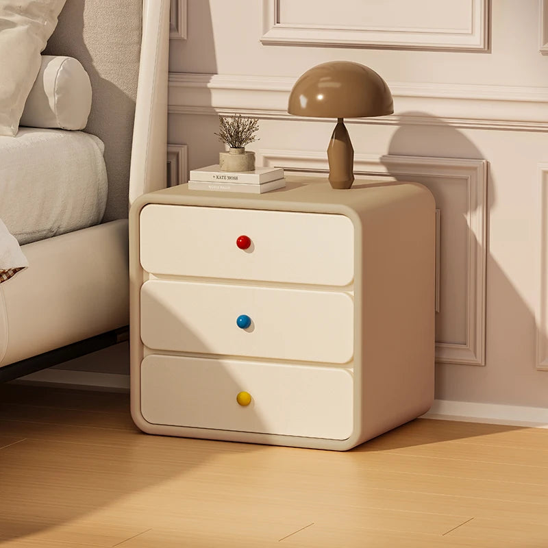 Soft Retro 3-Drawer Bedside Table with Rainbow Ceramic Knobs