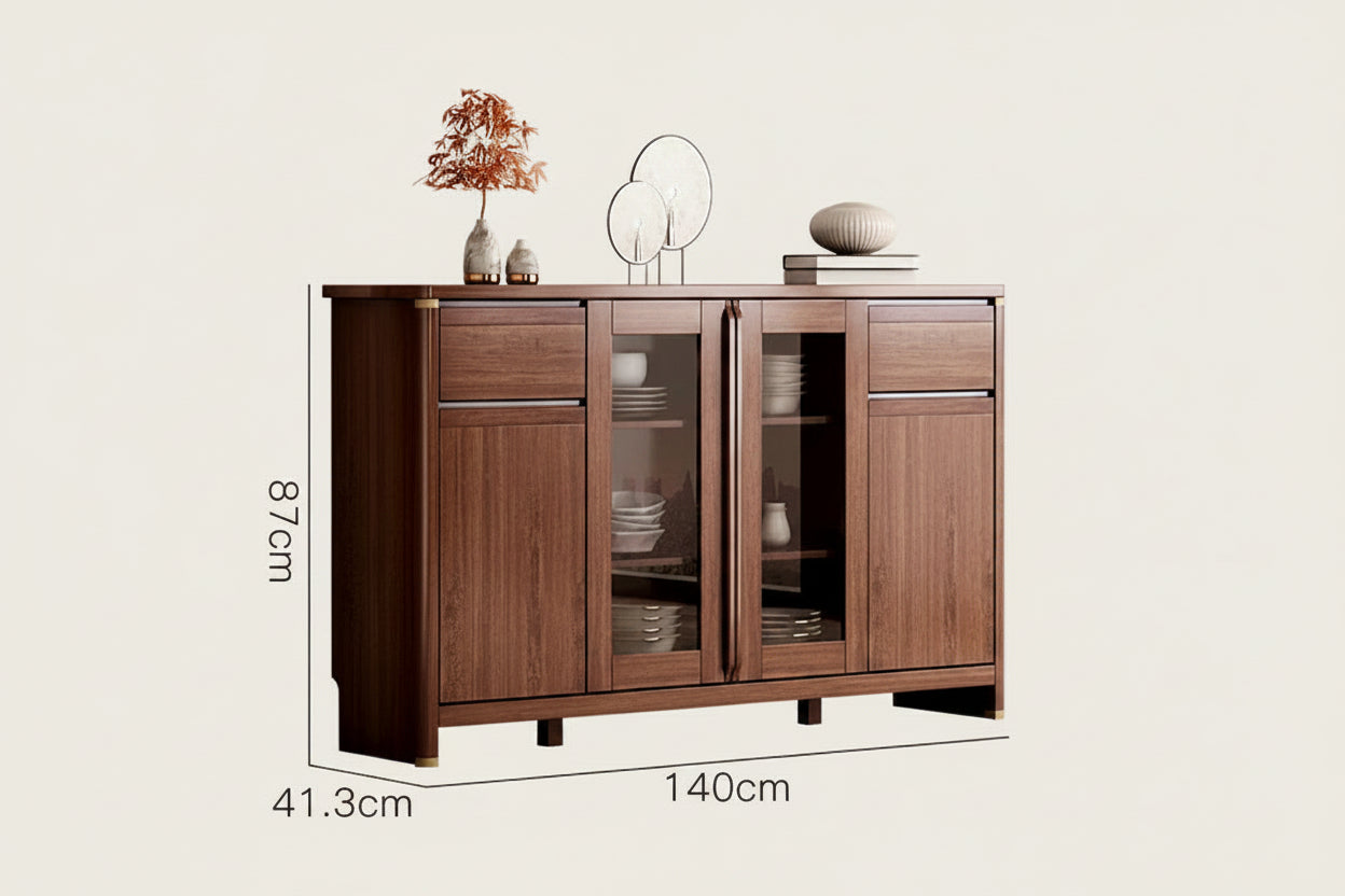 Wooden sideboard with dimensions and product details on a white background