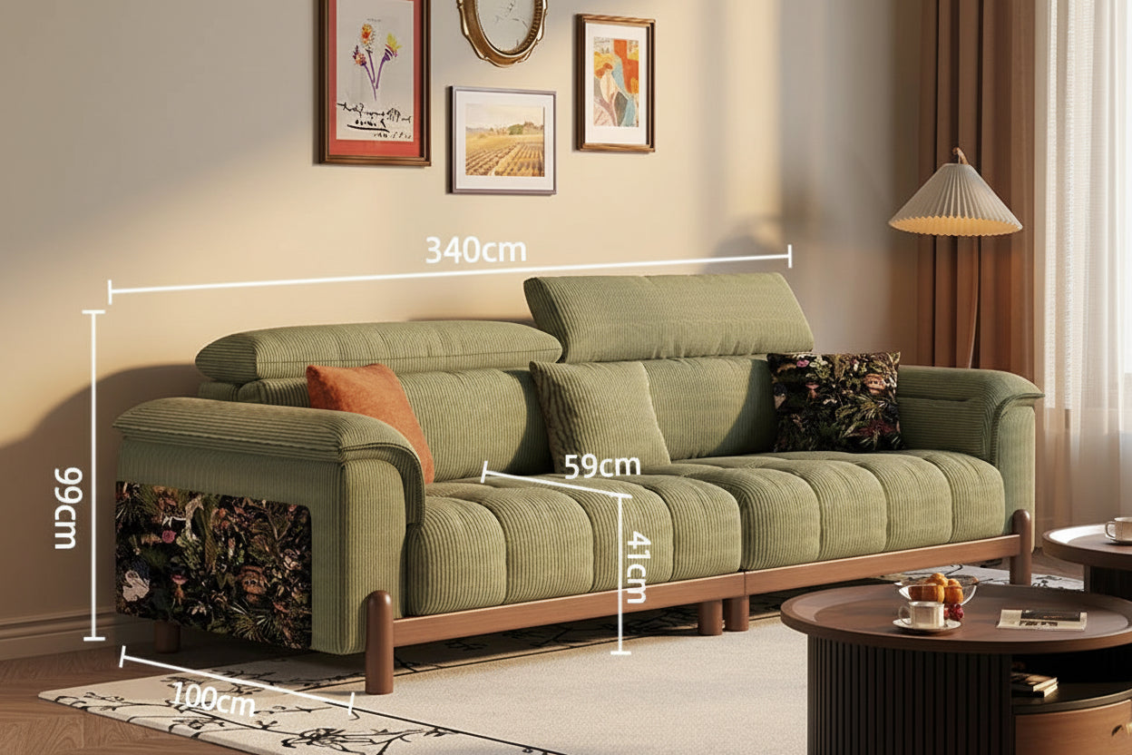 Mid-Century Modern Sofa with Adjustable Headrests and Solid Wood Frame - 5 Sizes