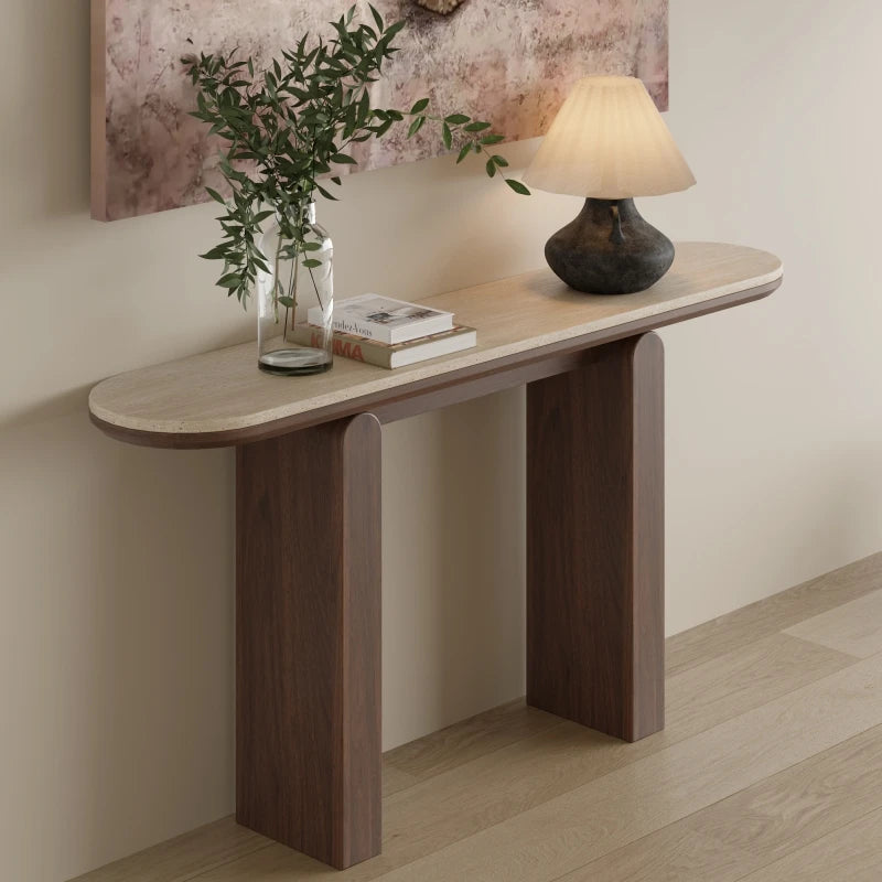 Mid-Century Japandi Console Table | Travertine Stone Slab Tabletop & Black Walnut Veneer Base