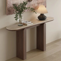 Mid-Century Japandi Console Table | Travertine Stone Slab Tabletop & Black Walnut Veneer Base