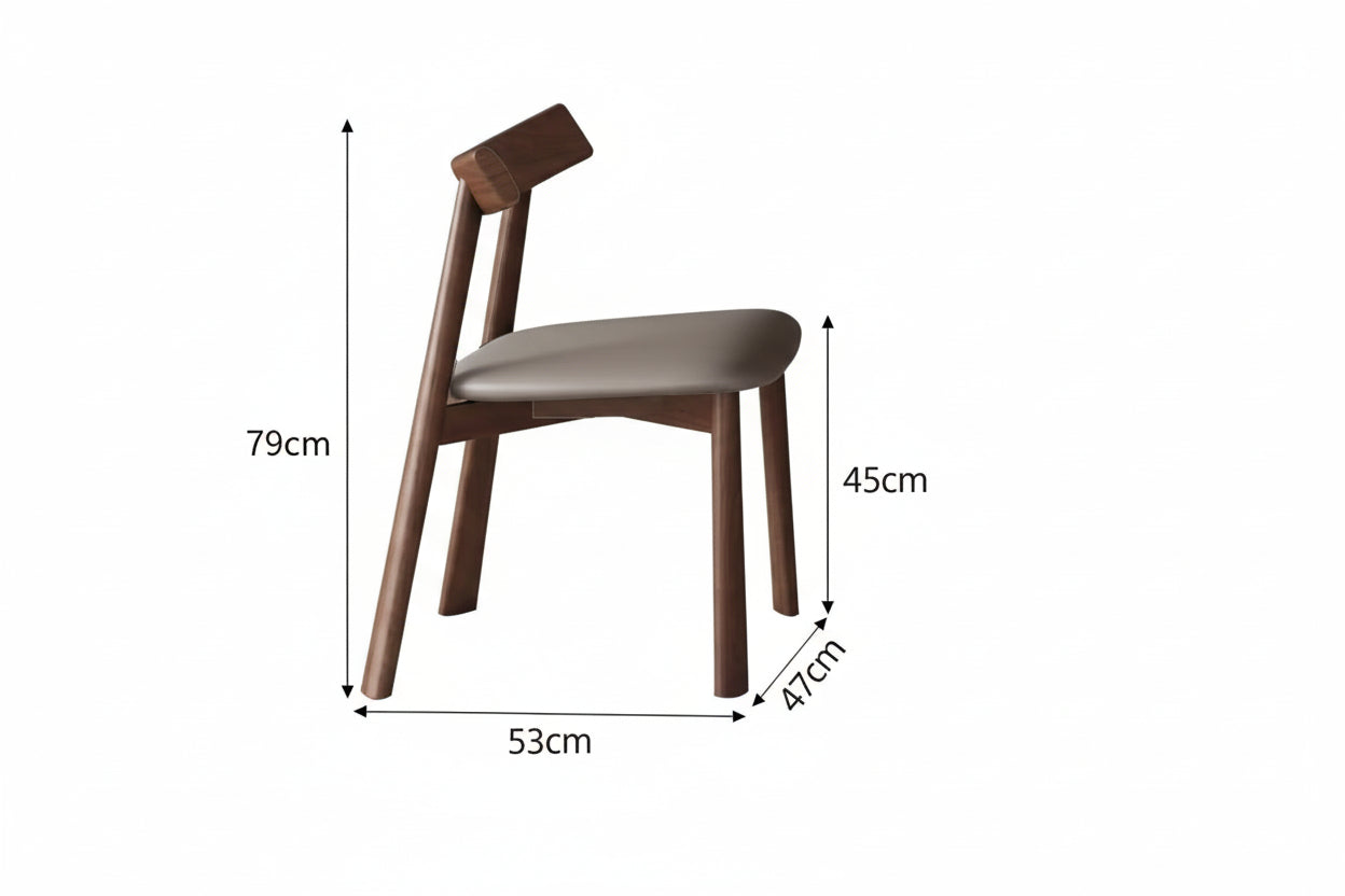 Wooden chair with dimensions labeled on a white background