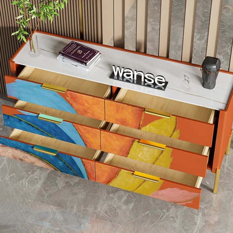 Modern Burnt Orange Abstract Sideboard Cabinet with Marbled Stone Top - 2 Sizes
