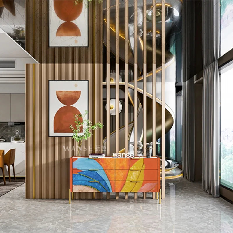 Modern Burnt Orange Abstract Sideboard Cabinet with Marbled Stone Top - 2 Sizes