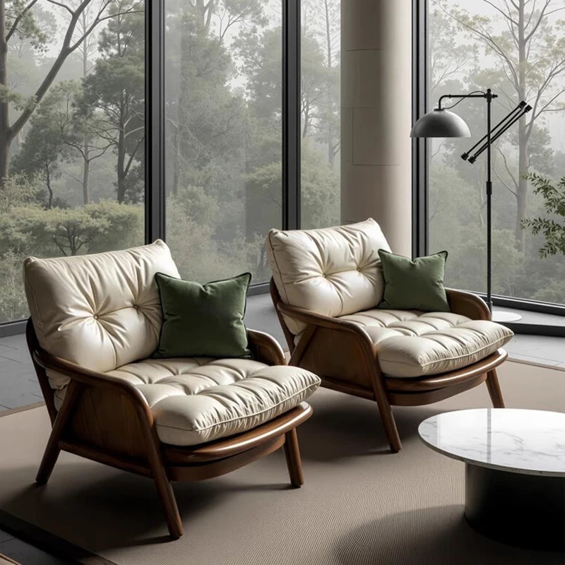 Minimalist Solid Walnut Accent Chair With Cushioned Faux Leather - Beige