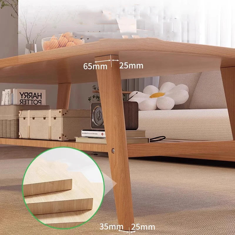 Wooden table with measurements indicated, set in a room with furniture and decor.