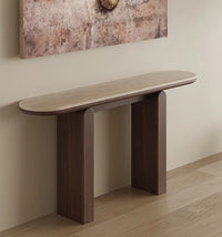 Mid-Century Japandi Console Table | Travertine Stone Slab Tabletop & Black Walnut Veneer Base