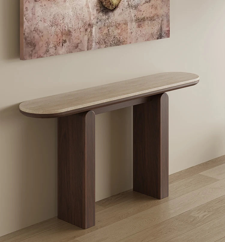 Mid-Century Japandi Console Table | Travertine Stone Slab Tabletop & Black Walnut Veneer Base