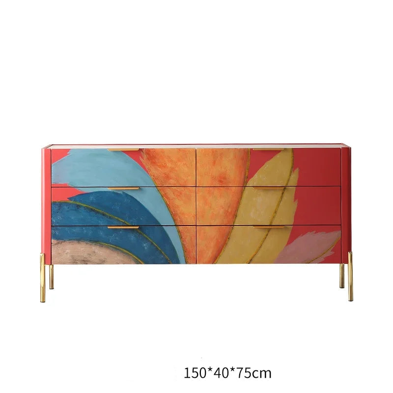 Modern Burnt Orange Abstract Sideboard Cabinet with Marbled Stone Top - 2 Sizes