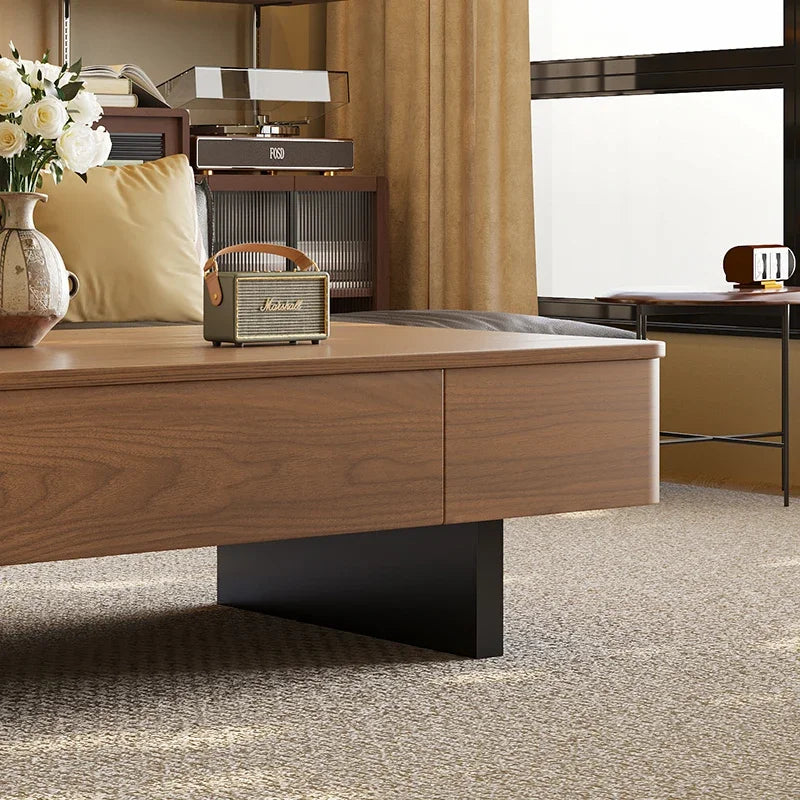 Wooden desk with a vintage radio and decorative items in an office setting