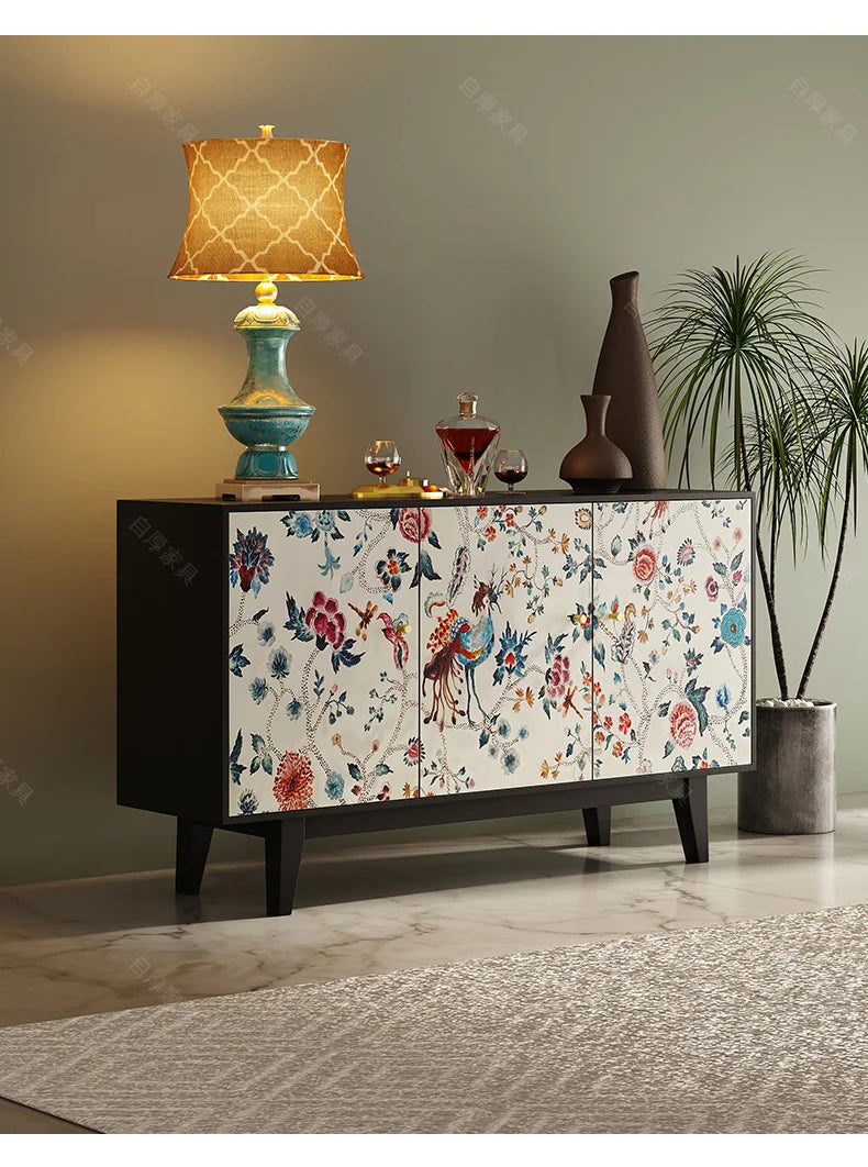 Luxury American-Style Sideboard in Black with Hand-Painted Floral Panels - 2 Sizes