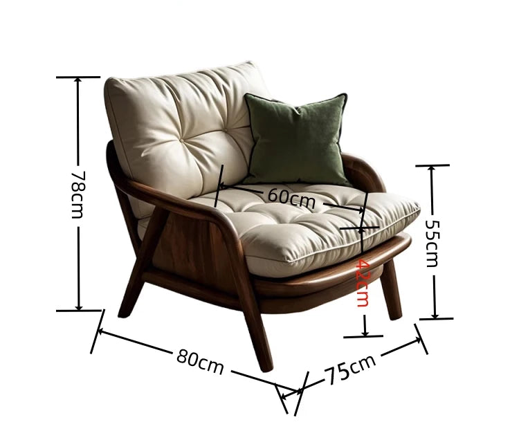 Measurement chart of a wooden armchair with cushions on a white background