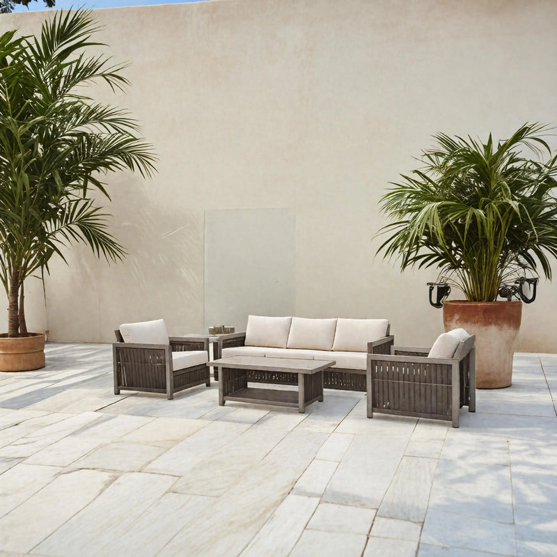 4 pc Wicker Woven Rope Outdoor Sofa Set With Plush Dense Cushions And Table - Grey