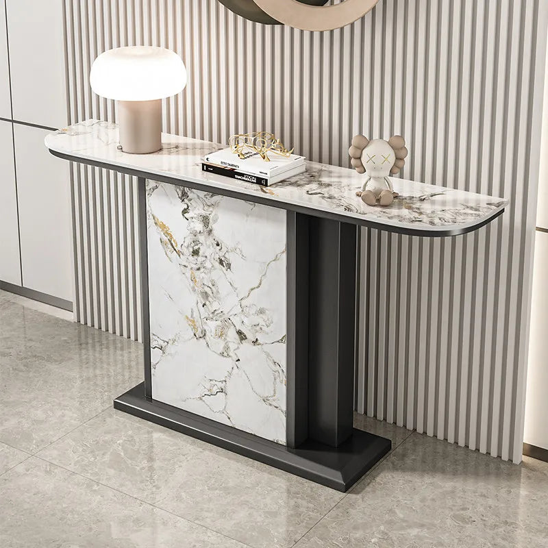 Luxury Contemporary Stone-Top Console Table with Black Architectural Metal Base – Jade or Pandora