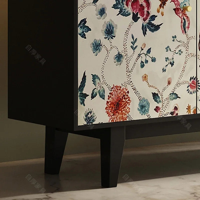 Luxury American-Style Sideboard in Black with Hand-Painted Floral Panels - 2 Sizes