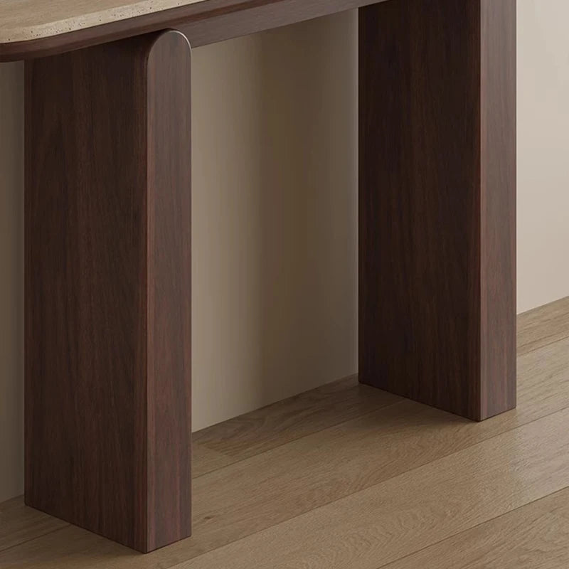 Mid-Century Japandi Console Table | Travertine Stone Slab Tabletop & Black Walnut Veneer Base