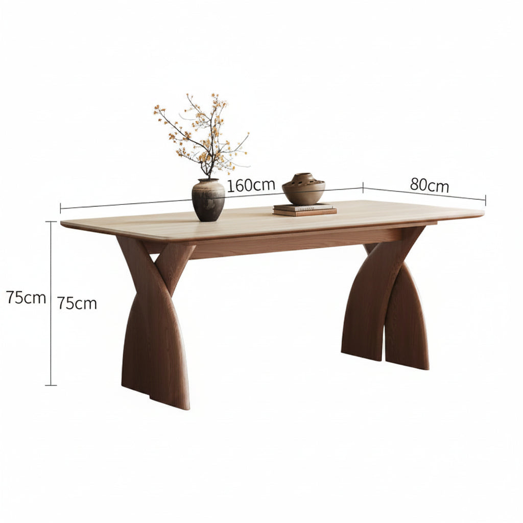 Wooden dining table with dimensions labeled on a white background
