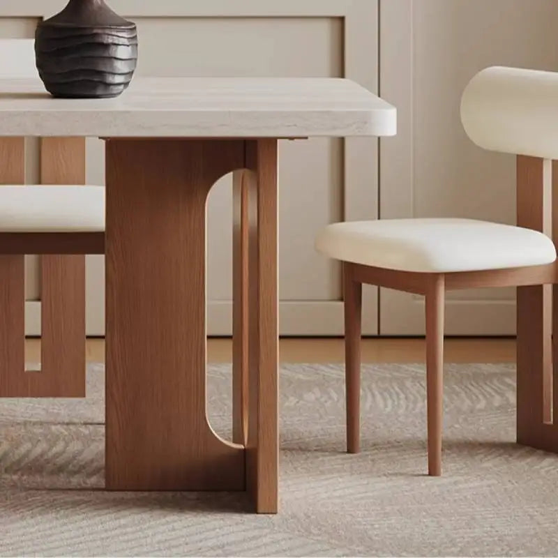 Retro Travertine Stone 6-Seater Dining Set with Upholstered Chairs