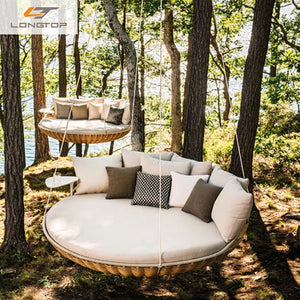 Courtyard Outdoor Rattan Open-Air Swing Chair with Attached Table - Natural Brown or White