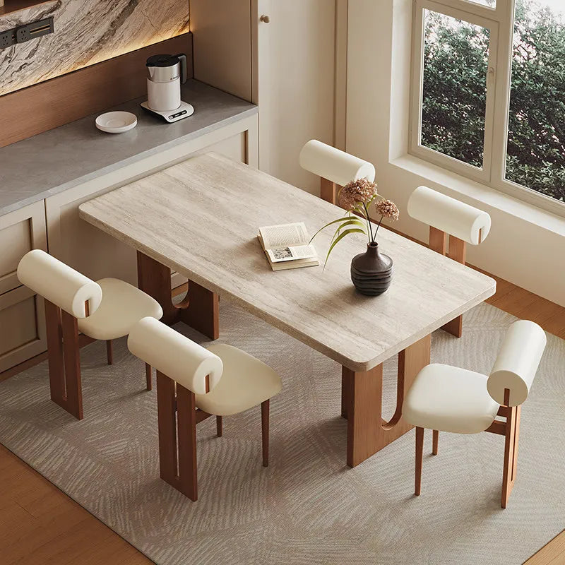 Retro Travertine Stone 6-Seater Dining Set with Upholstered Chairs