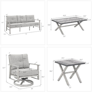 Luxury 5 pc Aluminum Outdoor Sofa Set with Metal Coffee Table & Swivel Sofa Chairs