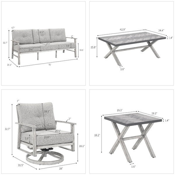 Luxury 5 pc Aluminum Outdoor Sofa Set with Metal Coffee Table & Swivel Sofa Chairs
