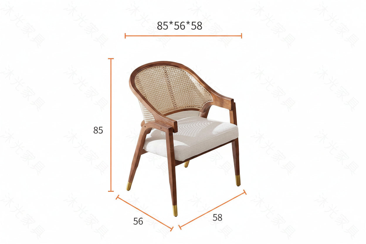 Wicker chair with dimensions labeled on a white background