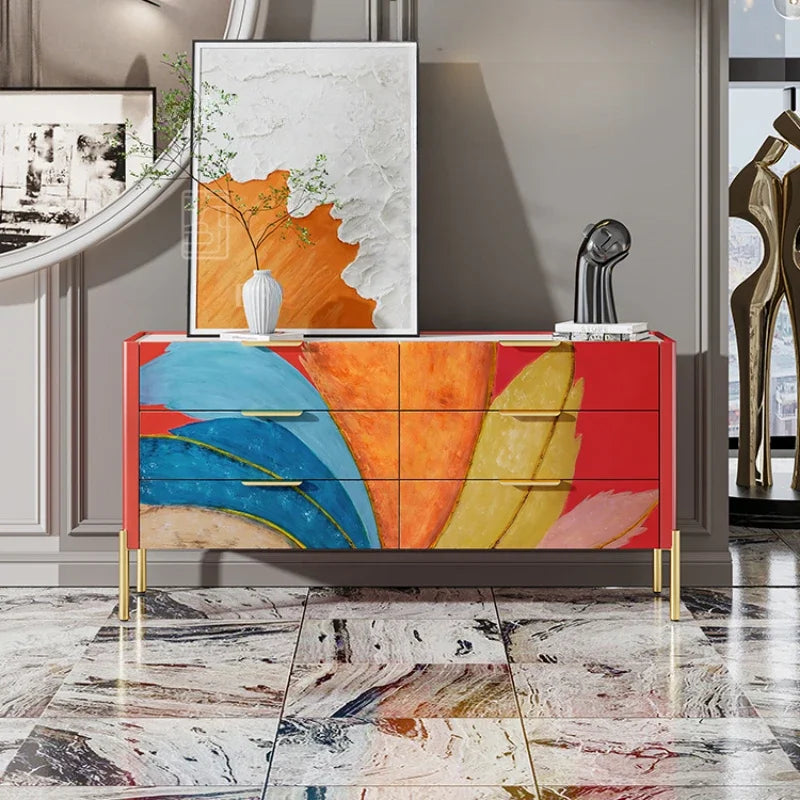 Colorful dresser with abstract design in a modern interior setting
