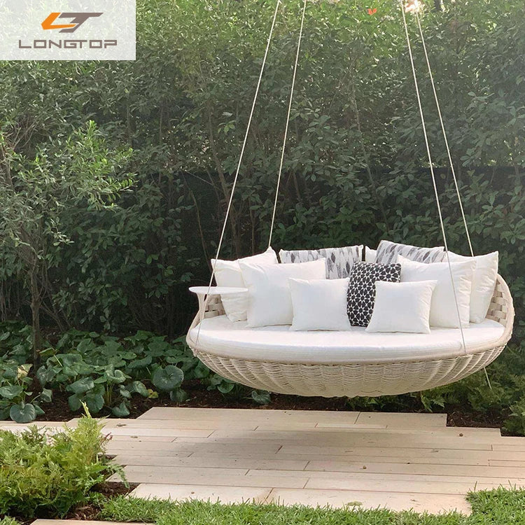 Courtyard Outdoor Rattan Open-Air Swing Chair with Attached Table - Natural Brown or White