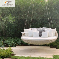 Courtyard Outdoor Rattan Open-Air Swing Chair with Attached Table - Natural Brown or White