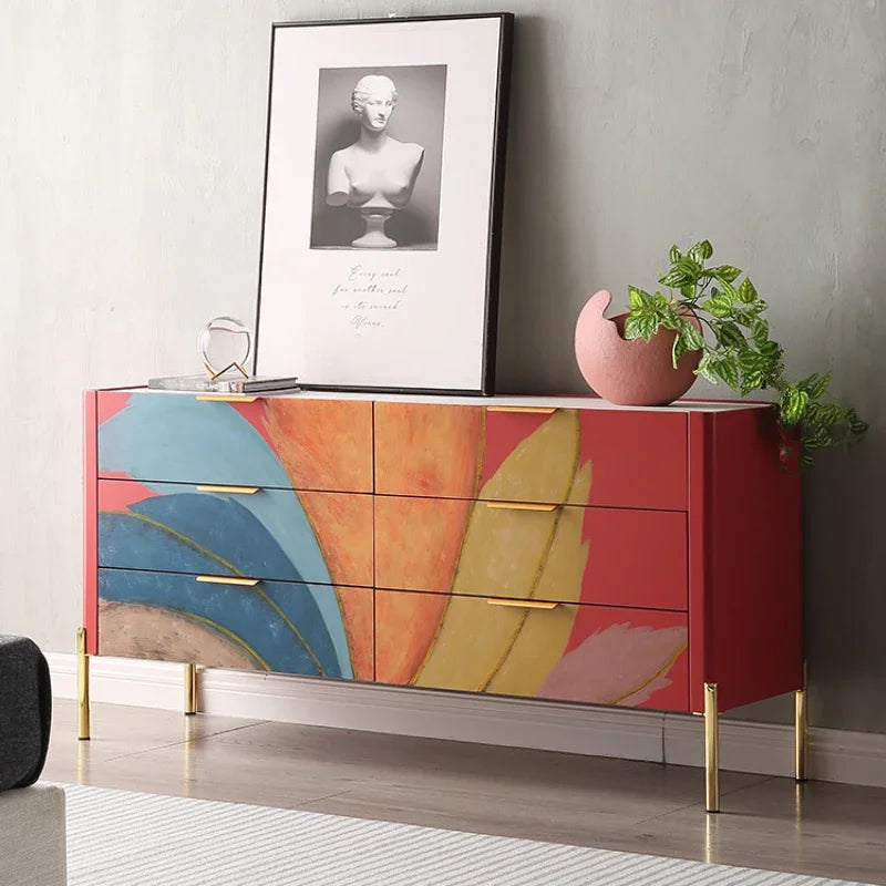 Modern Burnt Orange Abstract Sideboard Cabinet with Marbled Stone Top - 2 Sizes