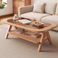 Wooden coffee table with a glass top in a living room setting