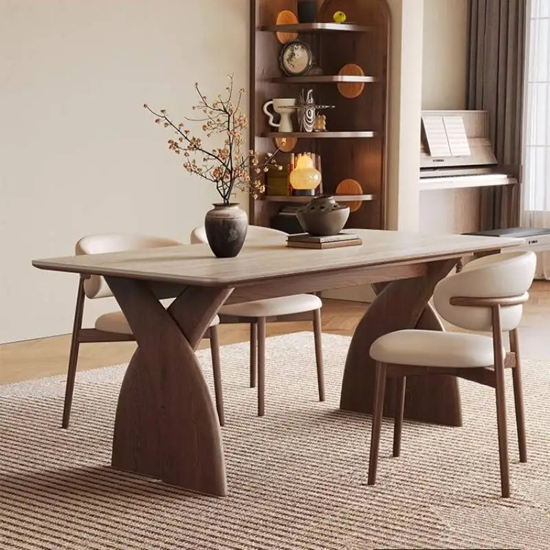 Modern Crescent Travertine Rectangle Dining Table