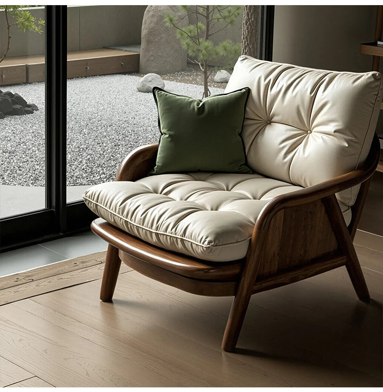 Minimalist Solid Walnut Accent Chair With Cushioned Faux Leather - Beige