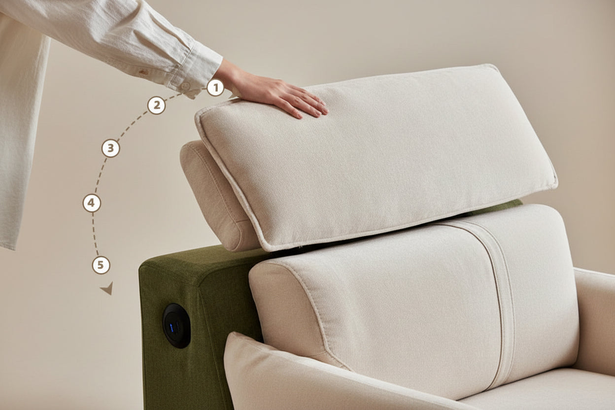 Person adjusting a beige headrest on a sofa with text explaining its adjustable features.